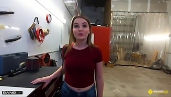 Busty Blonde Gives Mechanic A Blowjob In Exchange For Repairs